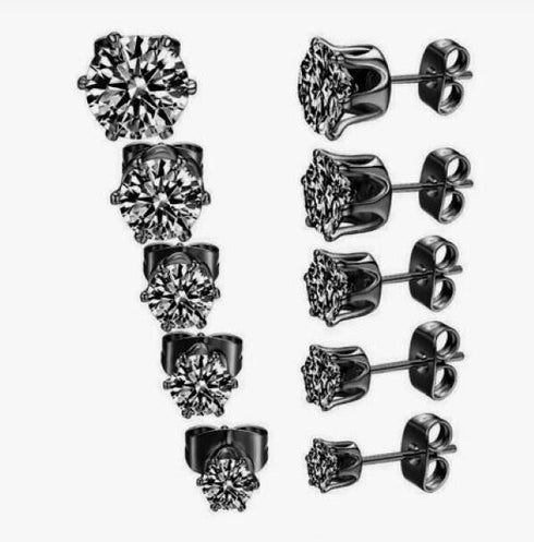 5Pairs 316L Surgical Steel Black CZ 4/5/6/7/8mm Solitaire Men Women Stud Earring
